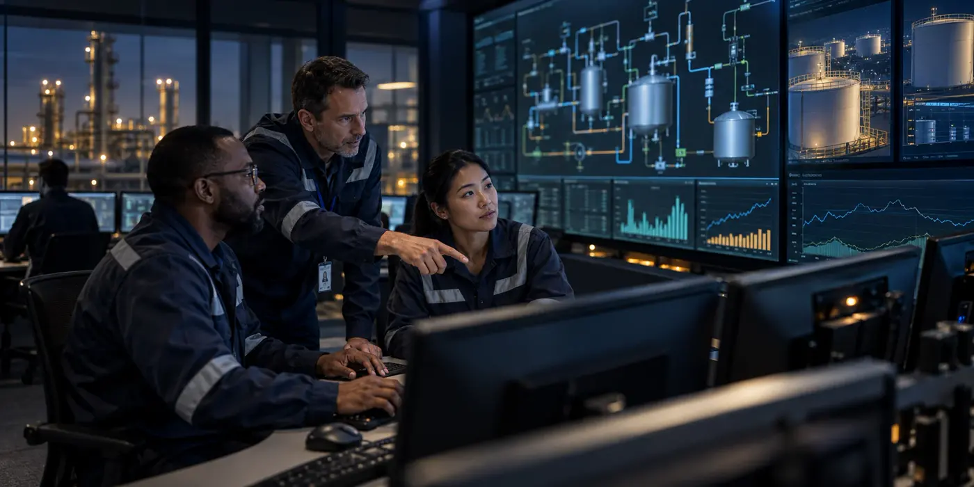 Operations team monitoring petroleum storage and pipeline systems
