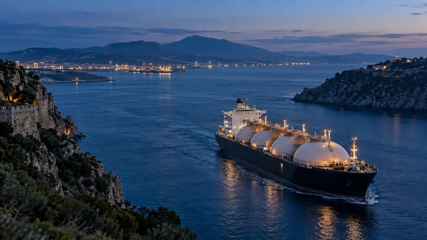 LPG carrier navigating a Mediterranean strait at blue hour