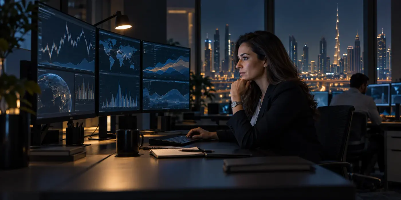 Energy risk analyst reviewing market scenarios in a Dubai office