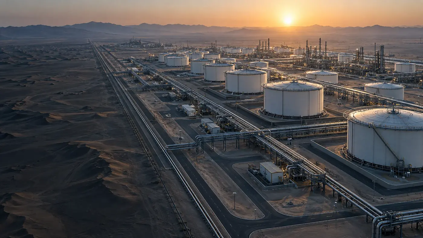 Petroleum storage and pipeline hub in the UAE desert at dawn