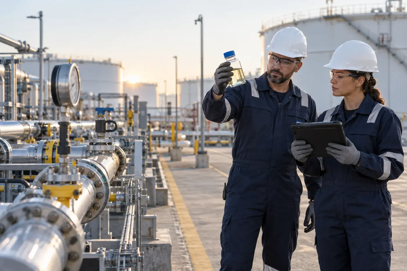 Two terminal professionals inspecting a petroleum sample at a tank farm