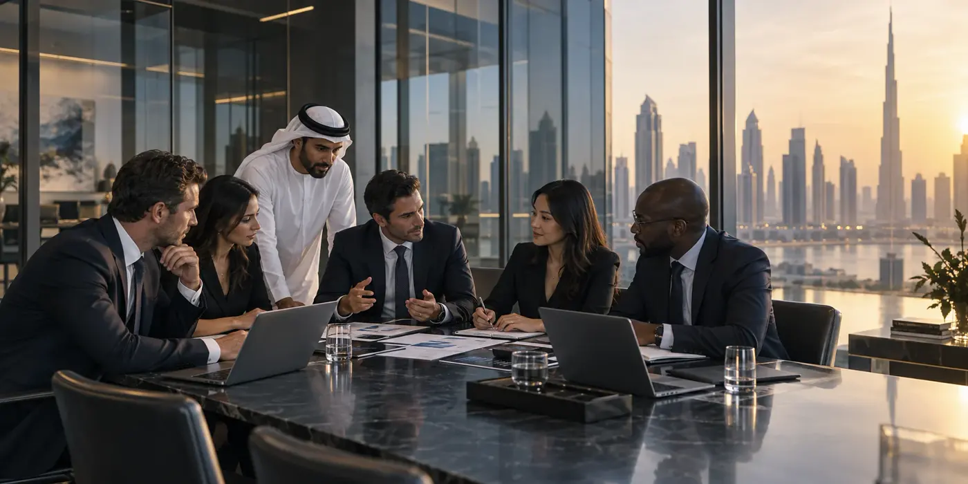 Energy professionals collaborating in a Dubai office