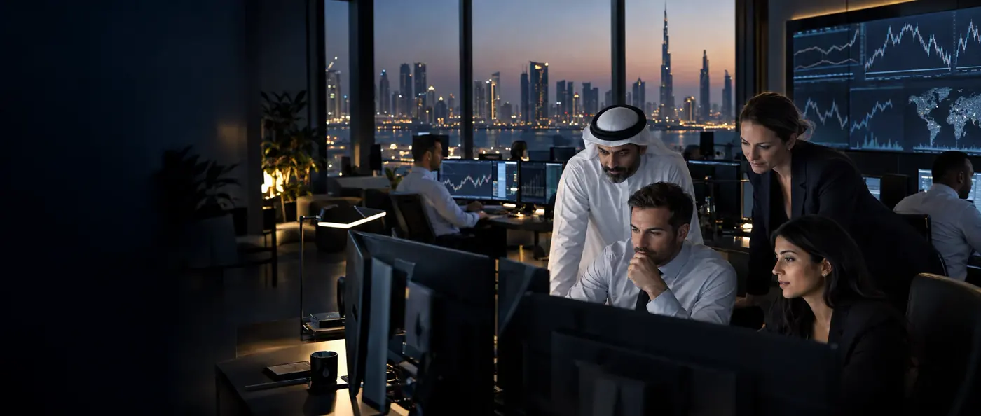 Energy trading team analysing markets in a Dubai trading room